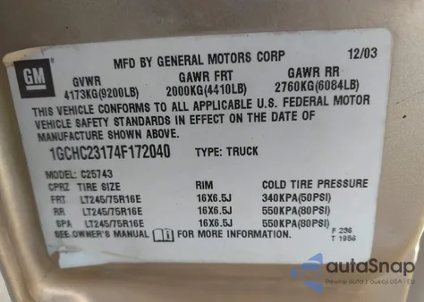 2004 Chevrolet Silverado 2500Hd Ls из США, поврежденный, VIN 1GCHC23174F172040